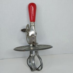 Vintage A&J High-Speed Egg Beater Mixing Hand Whisk Splash Lid Red Wood Handle